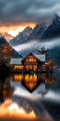 Fototapeta premium Large lakeside cabin amidst misty twilight mountains
