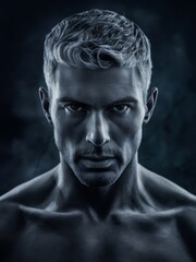 A man with a dark background and no shirt on, AI