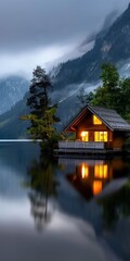 Naklejka premium Lakefront cabin with foggy mountains in morning