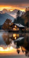 Fototapeta premium Charming alpine cabin by lake at sunset scene