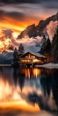 Fototapeta premium Golden sunset behind a lakeside cabin with moun...