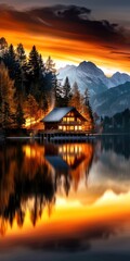 Fototapeta premium Lakeside cabin against dramatic sunset sky backdrop.