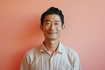 Fototapeta premium Portrait of a blissful asian man in his 40s wearing a simple cotton shirt isolated on solid pastel color wall