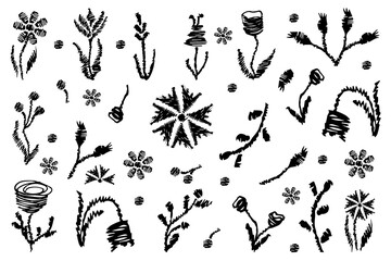 Set of grunge hand drawn Scribble summer Flowers isolated white. Simple black brush stroke floral element collection. Ikkat style flower. Vector illustration. EPS 10