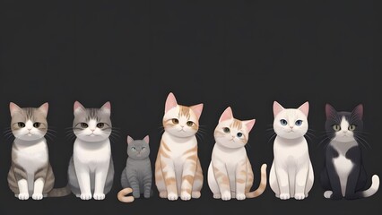  All types of cat in a row, with a black background