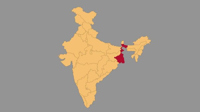 West Bengal map animated video. Map Highlighted on the India map with animation and colour with Gray background in video format.