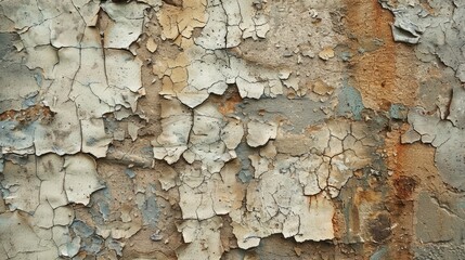 The wall is covered in peeling paint and has a rough texture