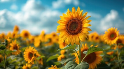 Obraz premium Sunny Day Bliss: Lush Sunflower Field Basking in Blue Skies with Fluffy Clouds