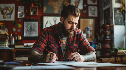 Bearded hipster artist sketching art