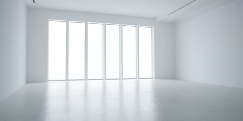 Fototapeta premium Bright, empty white room with large window and sunlight. Ideal for showcasing furniture, products, or as a minimalist background.
