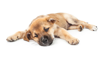 Obraz premium Tiny brown puppy sleeping soundly on white ground.