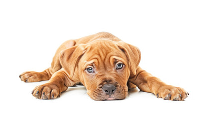 Obraz premium Puppy stretched out with head out of sight.