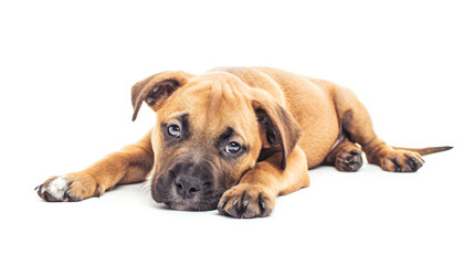 Puppy gazing ahead while lying on white.