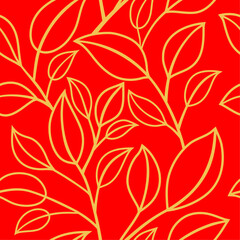 Golden leaves floral seamless pattern. Vector image, red background