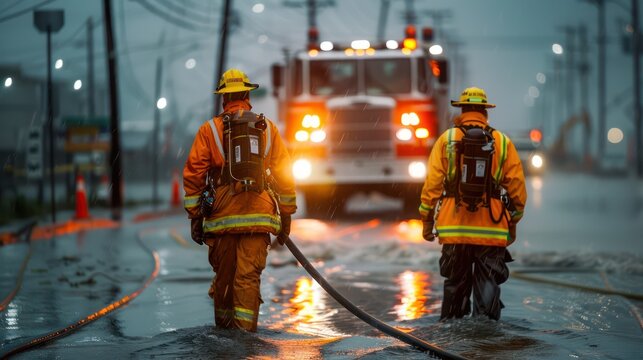 Emergency Responders Brave Powerful Storm to Aid Those Affected by Flooding, Strong Winds, and Damage Firefighters in Action, Rescue Efforts, Disaster Relief