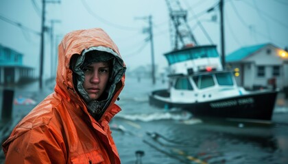 Obraz premium Hurricane Aftermath A Person in an Orange Raincoat Stands in Floodwaters, a Boat Partially Submerged in the Background, Risk of Damage from a Forceful Hurricane, Emergency Response