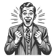 excited retro businessman in a suit, jubilant expression and vintage style sketch engraving generative ai fictional character vector illustration. Scratch board imitation. Black and white image.