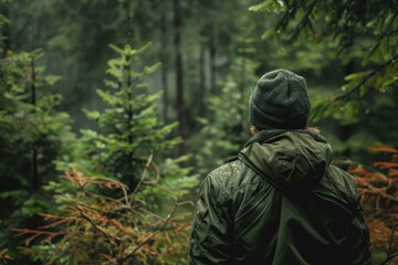 Rear view of a person in a jacket and beanie looking into a foggy, lush green forest