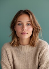 Fototapeta premium Young Woman in Beige Sweater Against Green Background Looking Confident and Relaxed