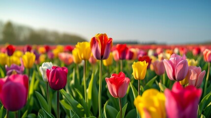 A vibrant field of blooming tulips in various colors, stretching out under a clear sky