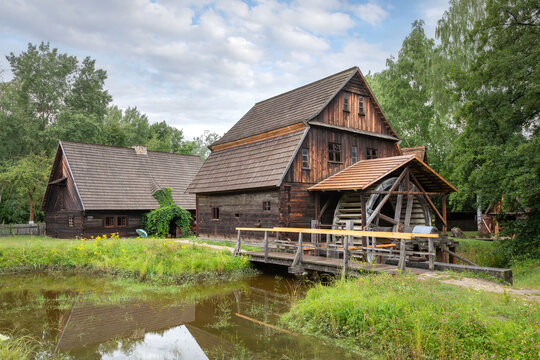 Water mill wooden building of 1832 year in open air Opole Village Museum, Poland