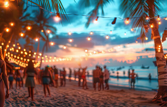 Blurred background of people had fun at a Bali beach party