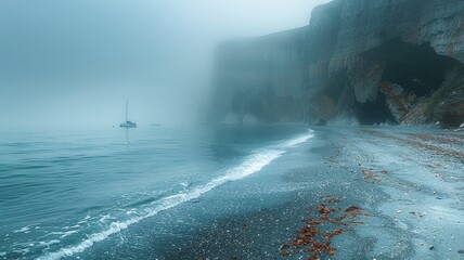 An early morning on a foggy beach, soft mist enveloping the rocky shoreline, with distant boats barely visible in the haze