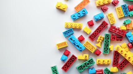 A bunch of colorful scattered construction blocks.