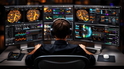 Health Informatics, Data scientist analyzing health informatics data on multiple screens, dark background