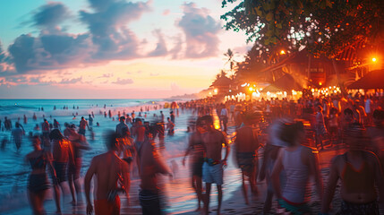 Blurred background of people had fun at a Bali beach party
