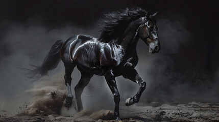 Black Friesian horse rearing up in dust on dark background. Photorealistic, detailed and natural look