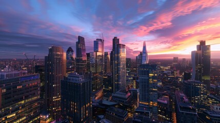 Fototapeta premium Modern city skyline at sunset with colorful sky. Tall buildings and skyscrapers shine under the setting sun. Urban cityscape illuminated by golden light.
