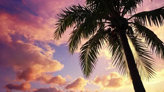 POV shot beautiful close up palm leaves swaying in the wind, the camera looks up, POV shot on a cozy gazebo against the orange sky of a sunset on a sunny day in summer. Pattern. Tourism. Nature