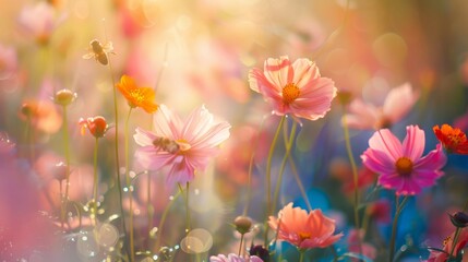 Sunny field of wildflowers in full bloom. Bright sunlight filters through pink, orange, and yellow petals, creating a warm and serene atmosphere.