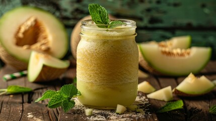 Refreshing melon smoothie in a mason jar with mint garnish. Fresh melon slices on wooden table creating a perfect summer drink presentation