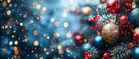 Decorated Christmas tree bauble  on winter blurry bokeh background. Christmas and New Year background for festive banner, greeting card. with copy space