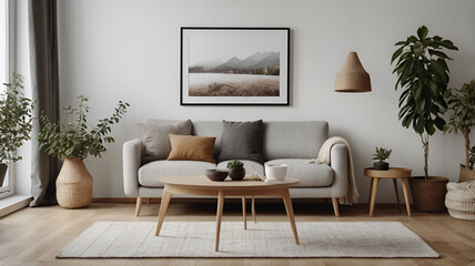 light gray sofa and recliner chair in Scandinavian apartment. The interior design of modern living room. Created with generativelight white sofa and recliner chair in Scandinavian apartment. The inte
