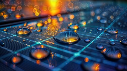 Technological Dewdrops. Vibrant water droplets on a circuit board surface illuminate with orange and blue lights, creating a futuristic aesthetic.