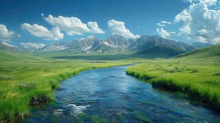 Obraz premium Tranquil Mountain Landscape with River and Cloud Shadows