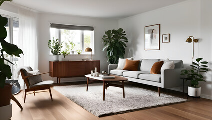 light gray sofa and recliner chair in Scandinavian apartment. The interior design of modern living room. Created with generativelight white sofa and recliner chair in Scandinavian apartment. The inte