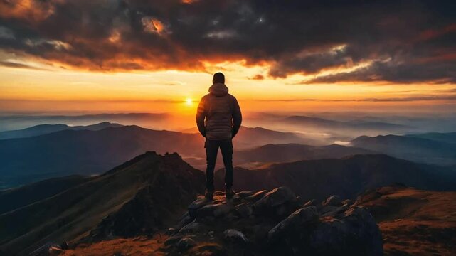 Person standing on rock with epic mountain viewpoint with a colorful sunset drone aerial landscape shot
