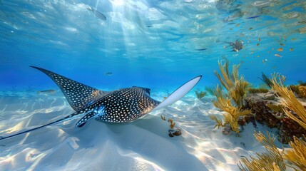 Effortless Flight A Spotted Eagle Ray glides with mesmerizing grace over the sandy bottom of a Caribbean reef