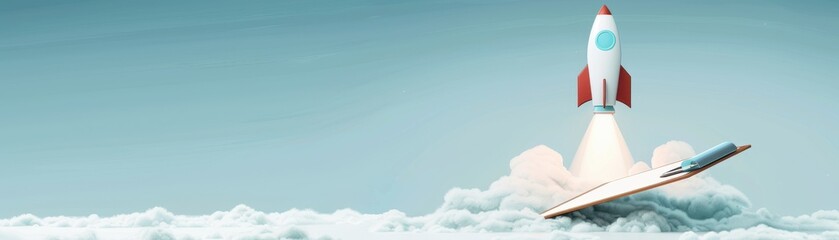 Naklejka premium Project commencement, clipboard and rocket launch, flat design illustration