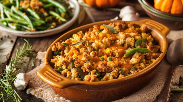 Traditional Thanksgiving sides green beans casserole stuffing and sweet potatoes
