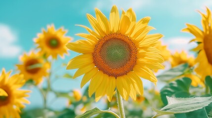 Fototapeta premium A single yellow sunflower is the center of a field of yellow flowers. The sunflower is surrounded by other sunflowers, creating a vibrant and cheerful scene