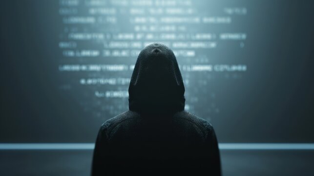 Hacker in a hood with floating holographic screens, Noir, Dark tones, Digital art, Depicting cyber threat and protection