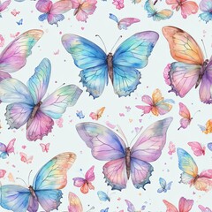 A seamless pattern of watercolor butterflies in shades of pink and azure on a white background, showcasing pollinator insects and arthropods in a beautiful painting