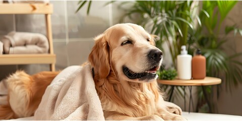 Golden retriever enjoys a relaxing spa day with pampering services for pets. Concept Pets, Spa Day, Golden Retriever, Relaxing, Pampering Services