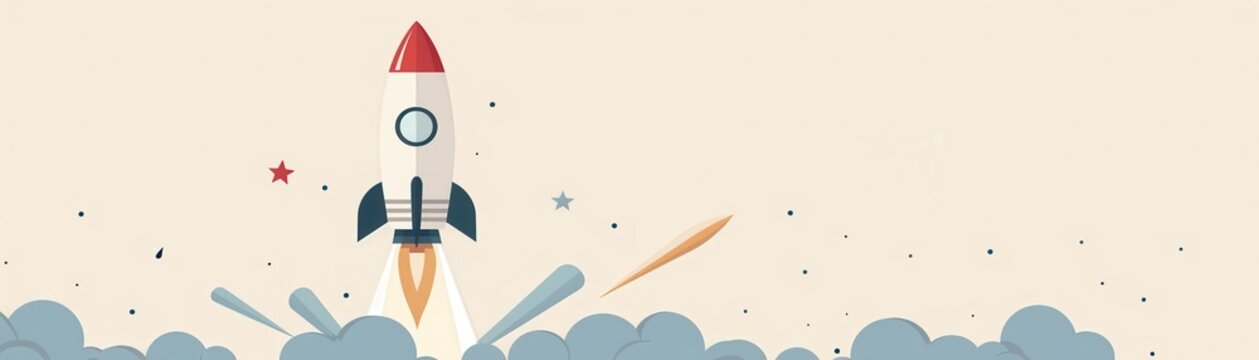 Creative project start, rocket and paintbrush, flat design illustration