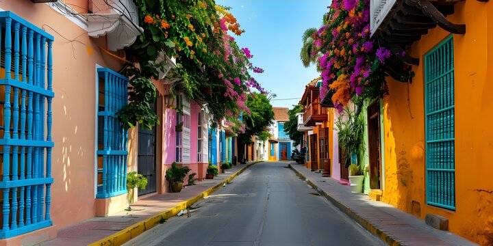 Fototapeta Colorful streets of Cartagena de Indias Colombia resemble a vibrant watercolor painting. Concept Travel, Photography, South America, Cartagena de Indias, Colombia